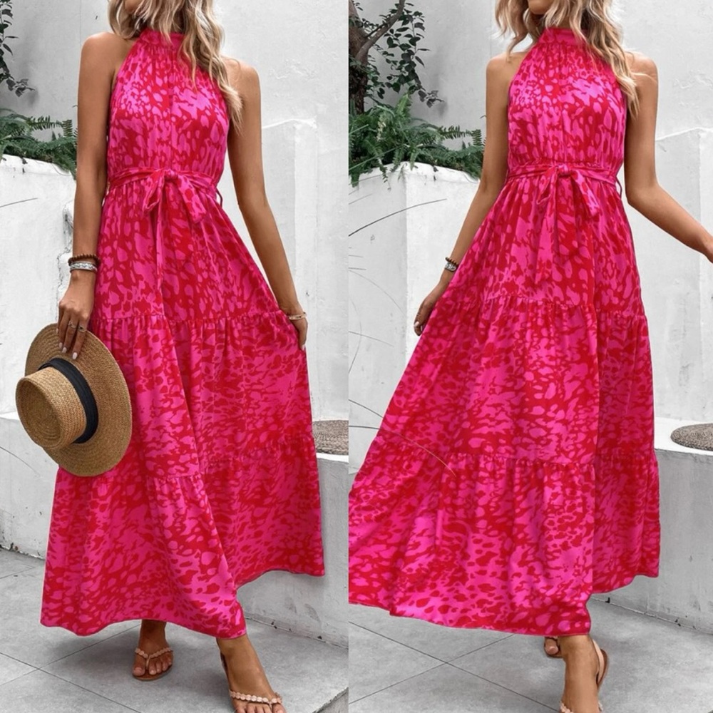 Boho ruffle hem belted halter maxi dress